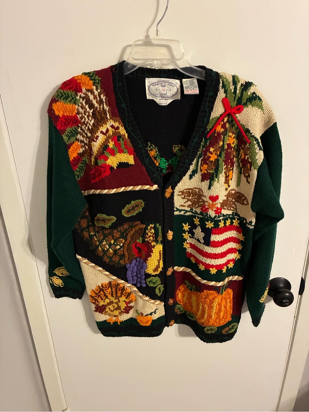 Vintage hand knit fall embroidered chunky cardigan sweater - Picture 3 of 7